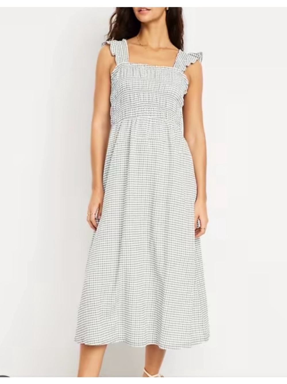 NWT OLD NAVY Green & White Gingham Smocked Midi Dress in Medium Tall